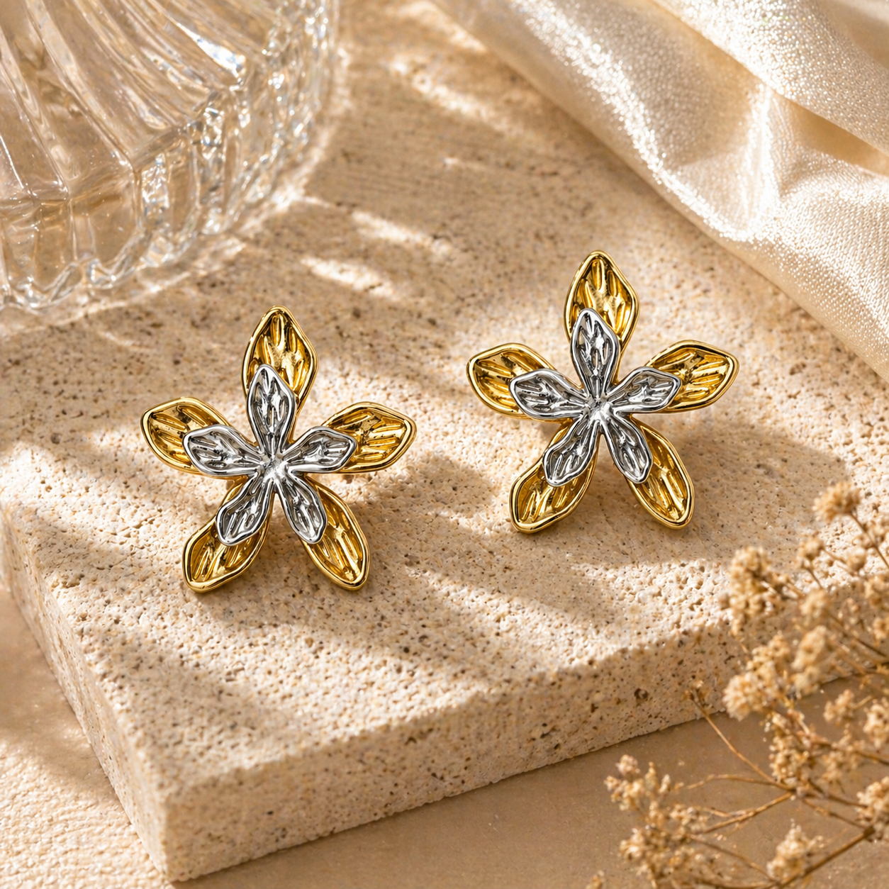 Pair of gold and silver flower-shaped earrings on a textured beige surface with a glass container and dried flowers.